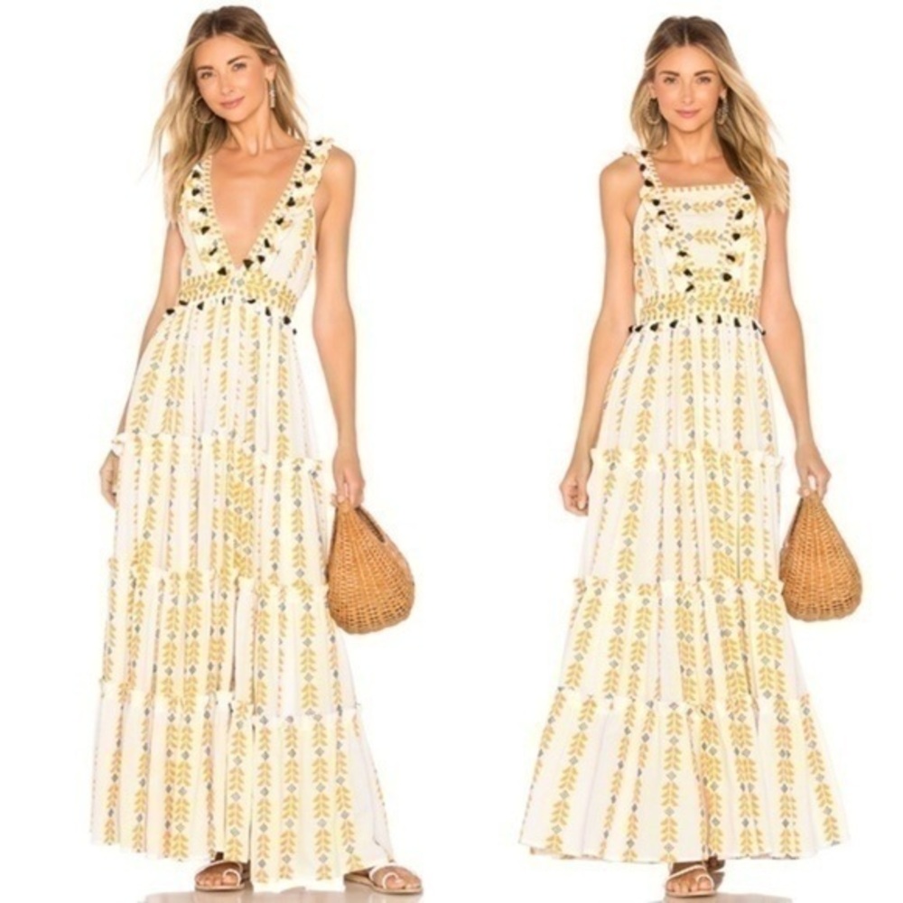 Rare DODO BAR OR Alicia Dress DBO725 Boho Tiered Maxi Dress Tassel Trim SMALL